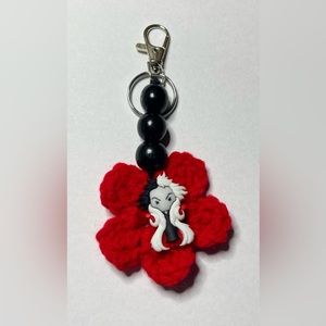 Handmade Cruella De Vil Charm Keychain Red Flower Black Wood Beads Silver Clasp